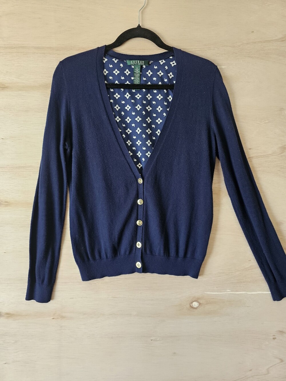 Lauren Ralph Lauren Women's Navy Blue Cardigan Sweater Silk Back RLL Gold Button